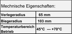 Verlegeradius   65 mm Biegeradius  103 mm Temperaturbereich  Betrieb 45°C  --- +70°C Mechnische Eigenschaften: